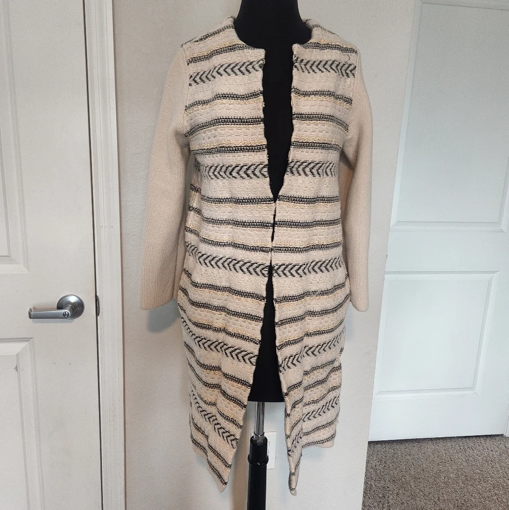 Tory Burch Cream and Black Open-Front Cardigan